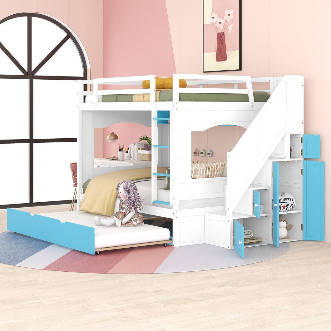 iRerts Full Over Full Bunk Bed with Trundle, Solid Wood Bunk Beds Full over Full with Storage Cabinet, Stairs and Ladders, Full Bunk Beds for Kids Teens Bedroom, White/Blue
