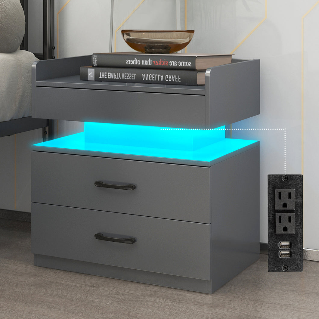 iRerts Bedside Table with Charging Station, Modern Nightstand for Bedroom with Plug Outlets, 2 USB Ports, 2 Drawers, 16 LED Lights, Wood Night Stands End Side Table  for Bedroom Office, Gray