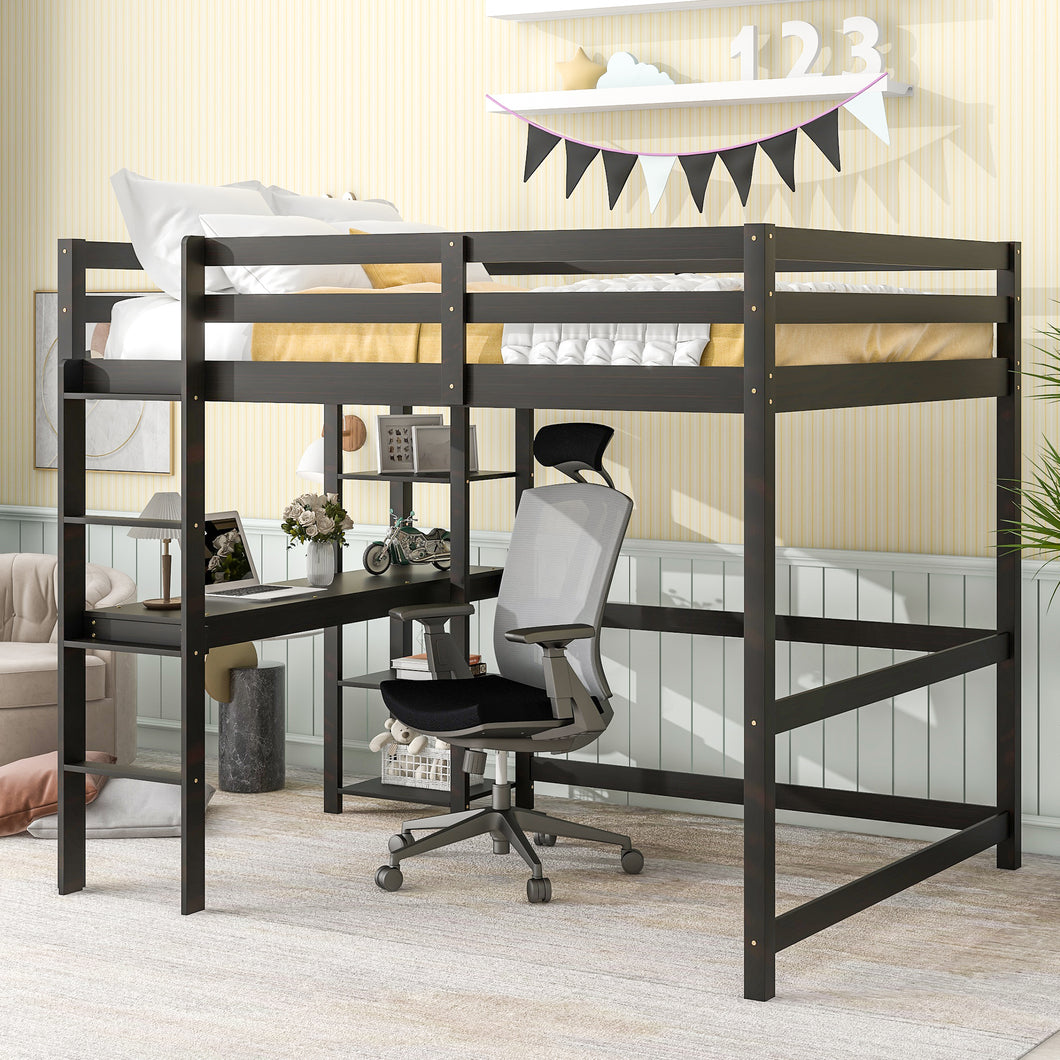 iRerts Wooden Loft Bed with Desk and Shelves, Full Loft Bed Frame for Kids Teens Adults, Full Loft Bed with Ladder, Guardrail, Loft Bed Frame Full for Bedroom Dormitory, No Box Spring Needed, Espresso