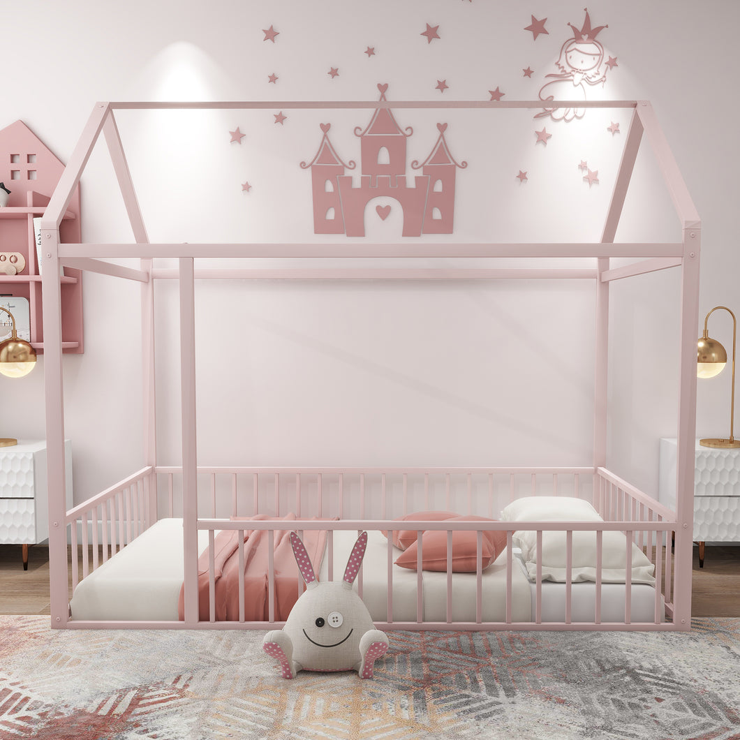 iRerts Twin Bed Frame Floor Bed, Metal Kids Twin Bed Frame with House Roof Frame, Floor Twin Bed Frame for Toddlers Girls Boys Bedroom, House Floor Bed Frame with Fence Guardrails, Pink