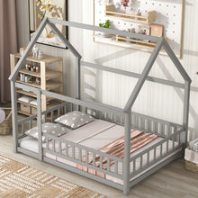 Load image into Gallery viewer, iRerts Floor Full Bed Frame, Wooden Full Size Bed Frame for Girls Boys, Full Bed Frame with House Roof Frame and Fence Guardrails, Toddler House Full Bed Frame for Kids Bedroom Living Room, Gray
