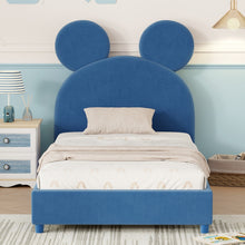Load image into Gallery viewer, iRerts Twin Bed Frame, Modern Velvet Upholstered Platform Bed Frame with Bear Ear Shaped Headboard, Wooden Slat, Twin Size Low Platform Bed for Kids Boys Girls Bedroom, No Box Spring Needed, Blue
