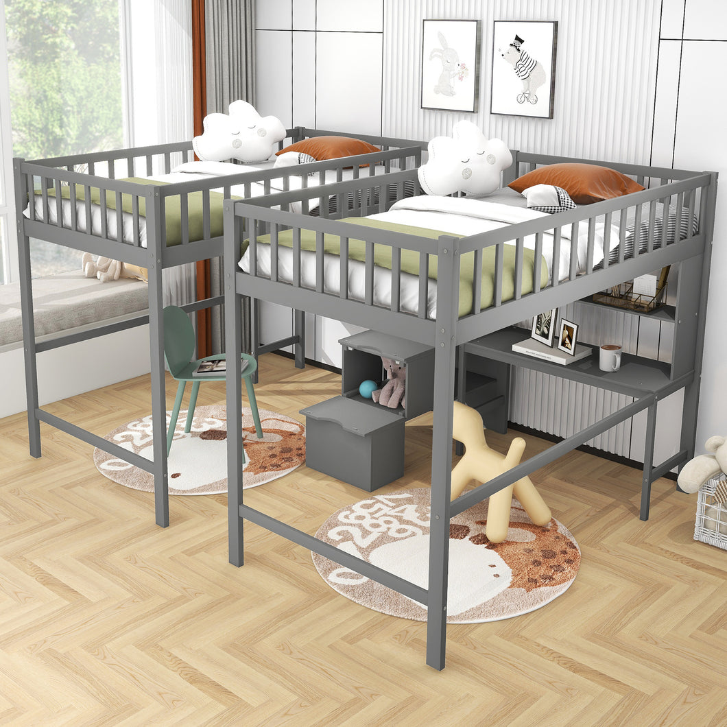 iRerts Twin & Twin Loft Bed with Desk, Wood Kids Loft Bed Twin Size with Shelves and Storage Staircase, Modern Twin Loft Bed Frame for Boys Girls Teens Adults, Versatile Loft Bed for Bedroom, Gray