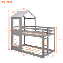 Load image into Gallery viewer, iRerts Low Bunk Beds for for Kids Teens Girls Boys, Wood Twin Over Twin Bunk Bed with Roof Window Guardrail Ladde, Floor Bunk Beds Twin Over Twin No Box Spring Needed for Bedroom, Gray
