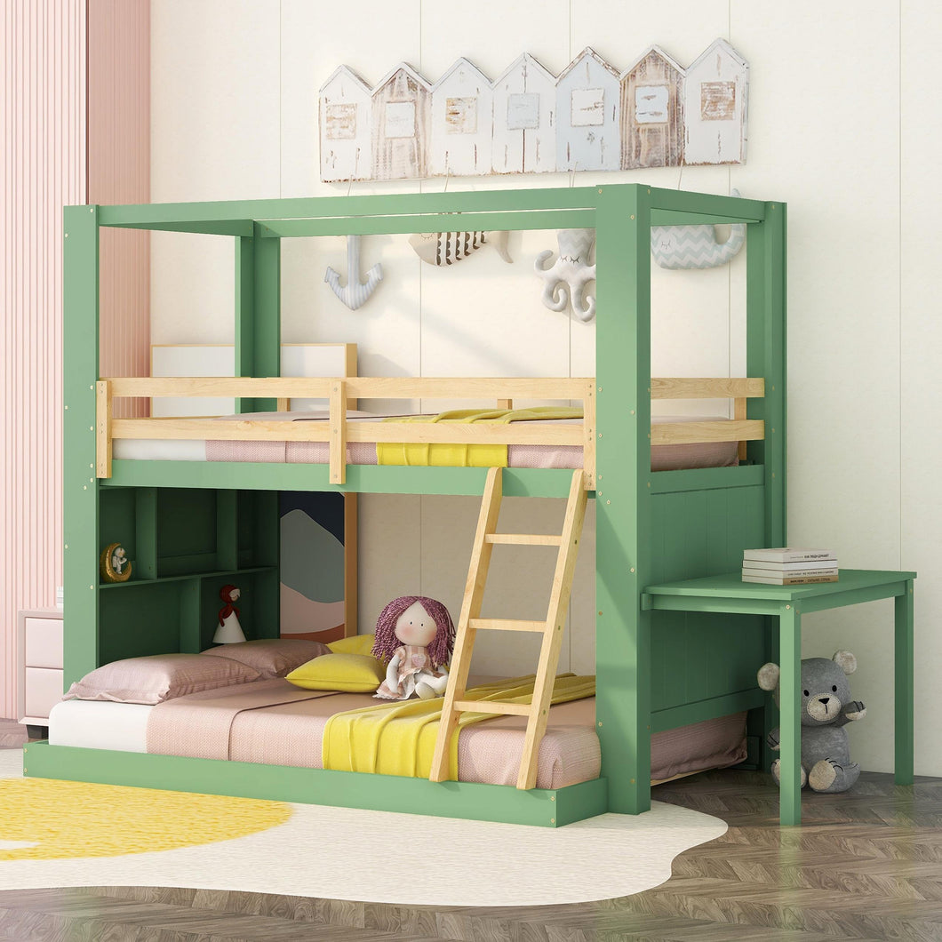 iRerts Twin Over Full Bunk Bed with Desk Storage Shelves, Wood Low Bunk Beds for Kids Teens Boys Girls, Floor Bunk Bed Twin Over Full for Kids Bedroom, No Box Spring Need, Green+Natural