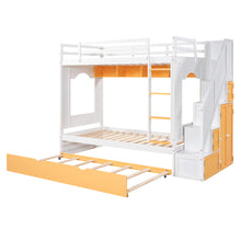 Load image into Gallery viewer, iRerts Twin Over Twin Bunk Bed with Trundle, Solid Wood Bunk Beds Twin over Twin with Storage Cabinet, Stairs and Ladders, Twin Bunk Beds for Kids Teens Bedroom, White/Yellow
