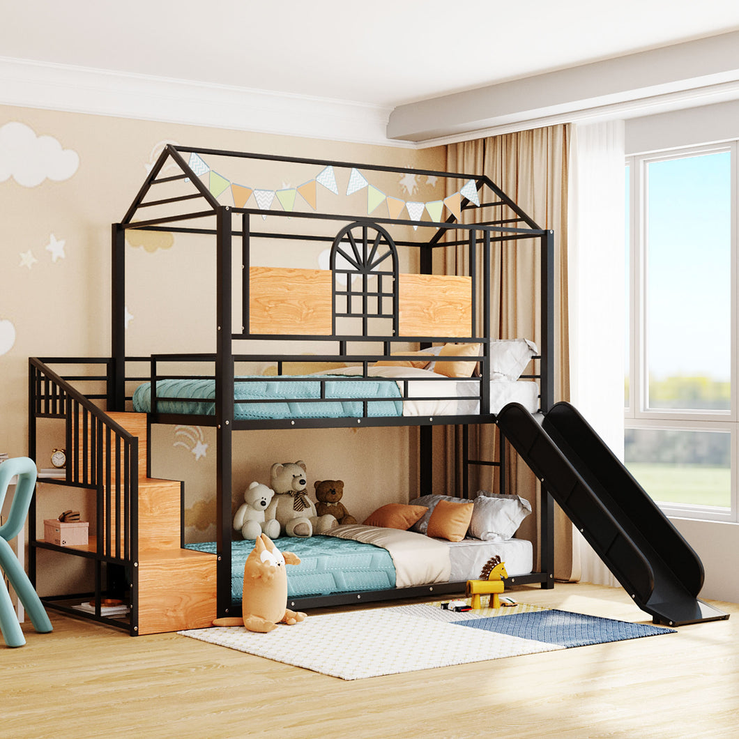 iRerts Twin Over Twin Metal Bunk Bed, House Bunk Bed Frame with Slide and Storage Stair, Twin Low Bunk Beds with Guardrail for Kids Teens Adults Bedroom, No Box Spring Needed, Black with Black Slide