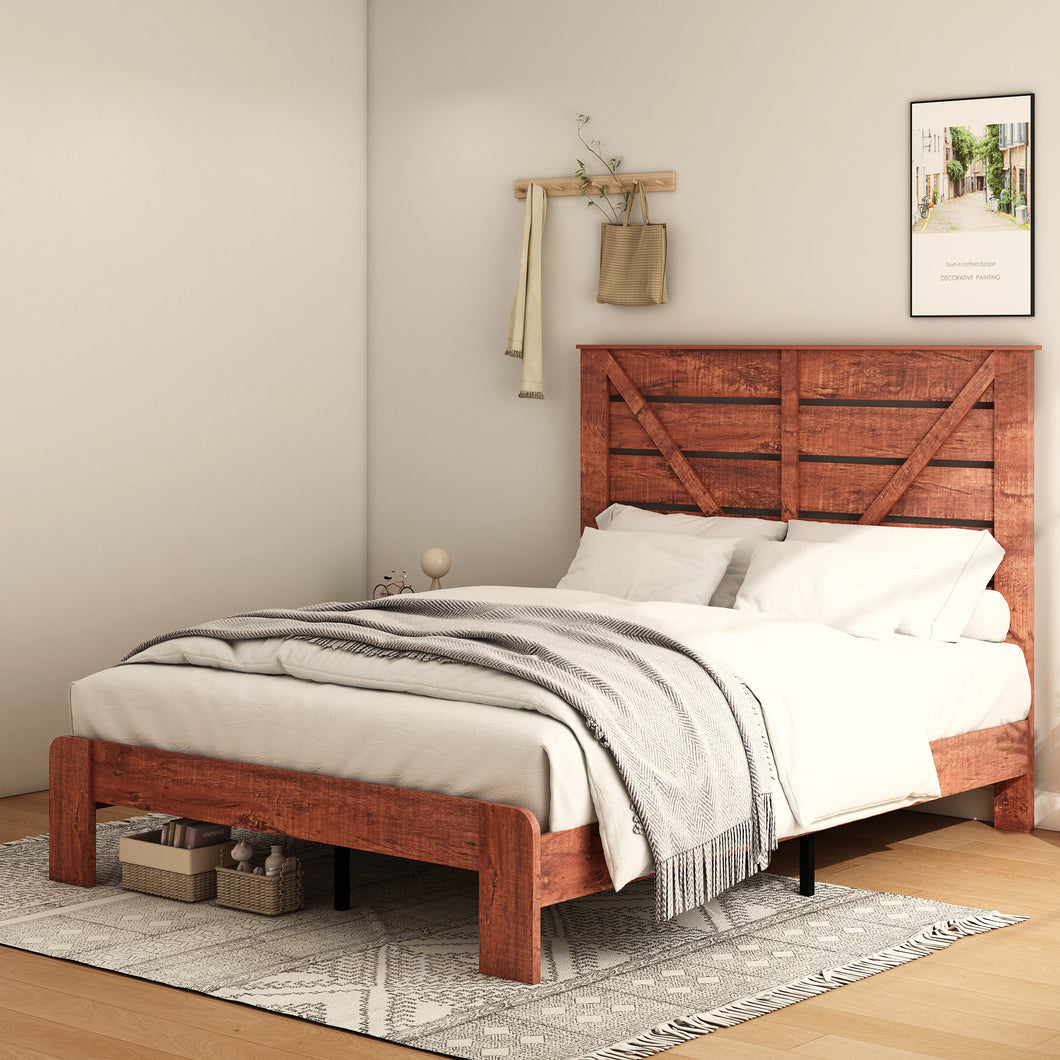 iRerts Wood Full Bed Frame with Headboard, Full Platform Bed Frame for Adults Teens, Industrial Bed Frames Full Size with Large Under Bed Storage, Noise Free, No Box Spring Needed, Vintage Brown