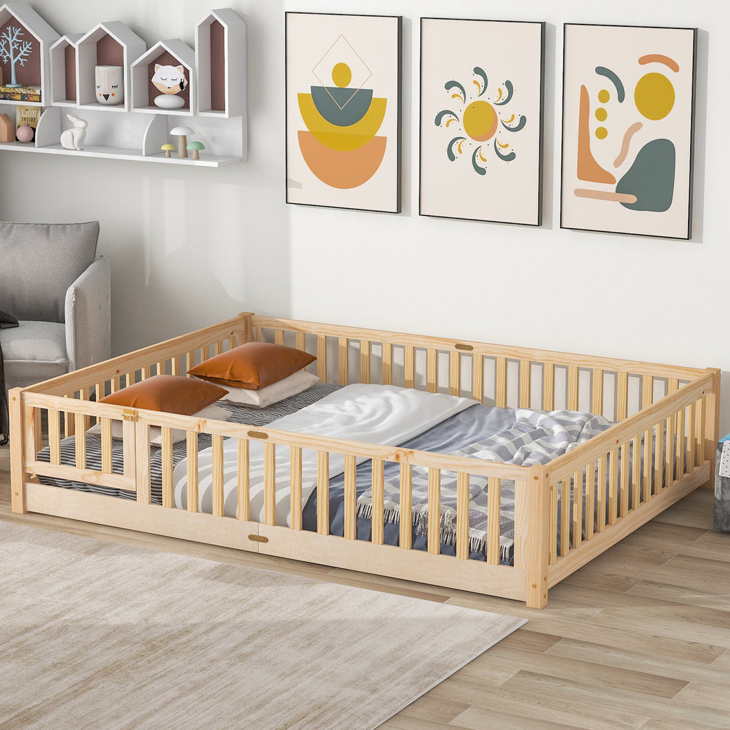 iRerts Queen Floor Bed Frame for Kids Toddlers, Wood Low Floor Queen Size Bed Frame with Fence Guardrail and Door, kids Queen Bed for Boys Girls, No Box Spring Needed, Natural