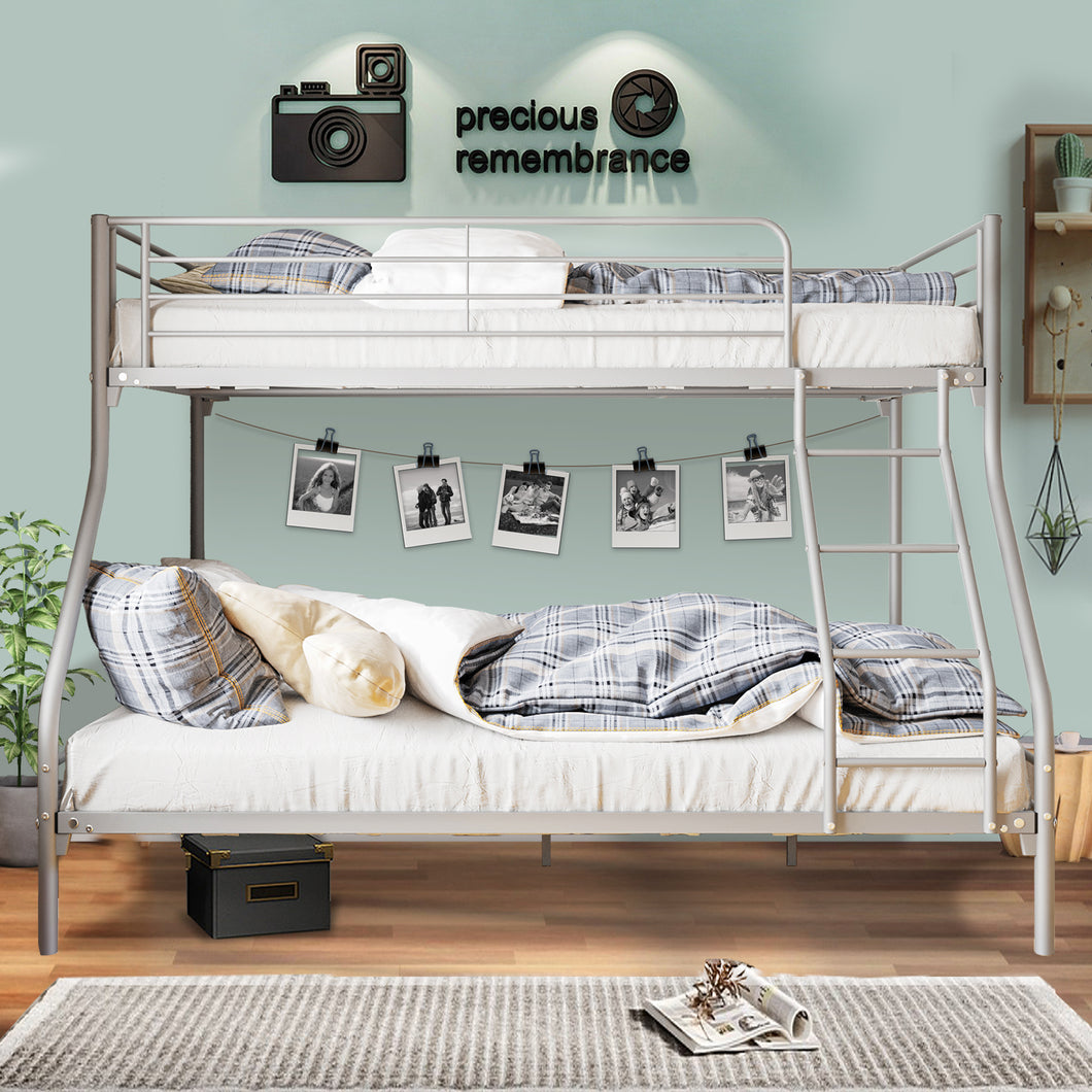 Twin over Full Bunk Bed for Adults Teens Kids, iRerts Industrial Metal Bunk Beds Twin over Full, Twin over Full Bunk Bed with Safety Guardrail, No Box Spring Needed, Space-Saving, Silver