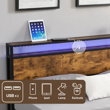 Load image into Gallery viewer, iRerts Full Bed Frame with LED Lights and 2 USB Ports, Industrial Metal Full Platform Bed Frame with Storage Shelf Headboard, No Box Spring Needed, Full Size Bed Frames for Bedroom, Rustic Brown
