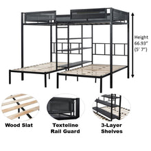 Load image into Gallery viewer, iRerts Triple Bunk Beds for Kids Adults, Metal Full over Twin over Twin Bunk Bed with Built-in Shelf, Triple Bunk Bed Frame with Headboard and Safety Guardrail,  3 in 1 Bunk Bed for Bedroom, Black
