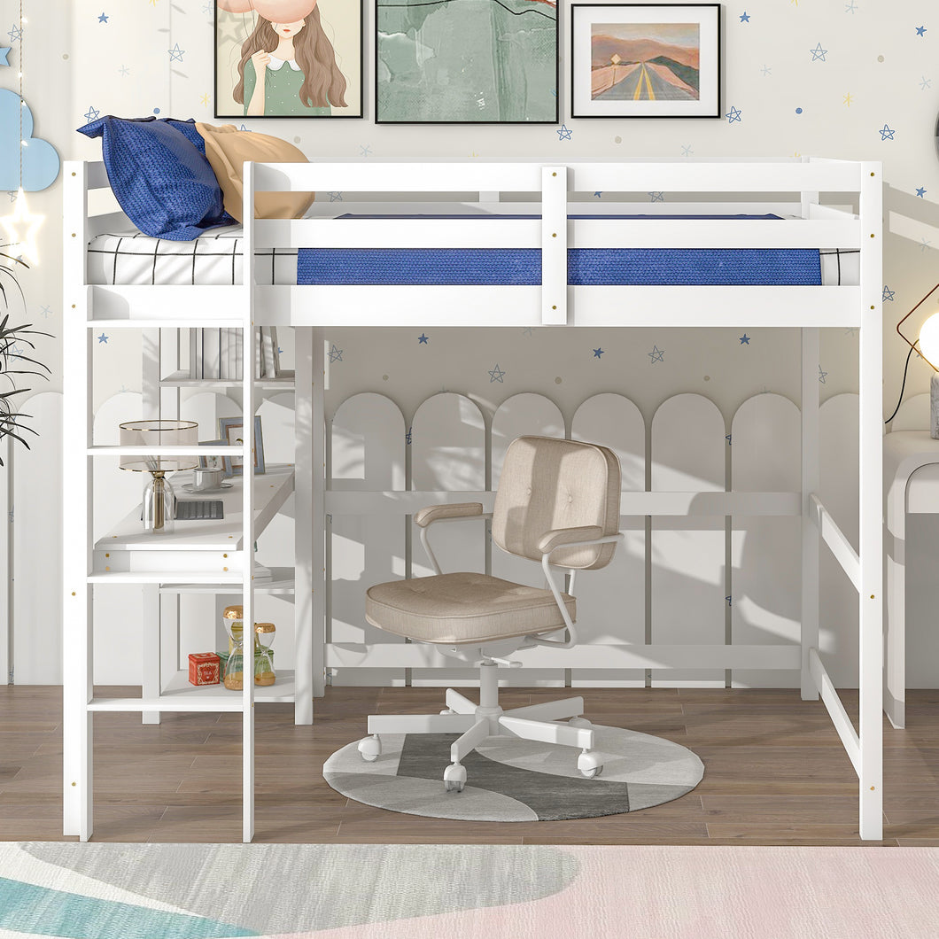 iRerts Full Loft Bed Frame for Kids Teens, Modern Full Wood Loft Bed with Desk and Shelves, Kids Full Loft Bed with Ladder, Guardrail, No Box Spring Needed, Full Size Loft Bed for Bedroom, White