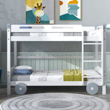 Load image into Gallery viewer, iRerts Wood Twin over Twin Bunk Bed, Car-Shaped Bunk Beds for Kids  Boys Girls, Convertible Bunk Beds Twin over Twin with Wheels, Full-Length Guardrail, Ladder, No Box Spring Needed, White
