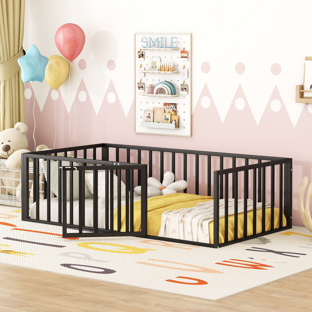 iRerts Twin Floor Bed Frame, Metal Twin Size Montessori Floor Bed Frame with Fence and Door, Kids Toddler Floor Bed Frame Twin Size for Girls Boys, Twin Bed Frame without Bed Slats, Black