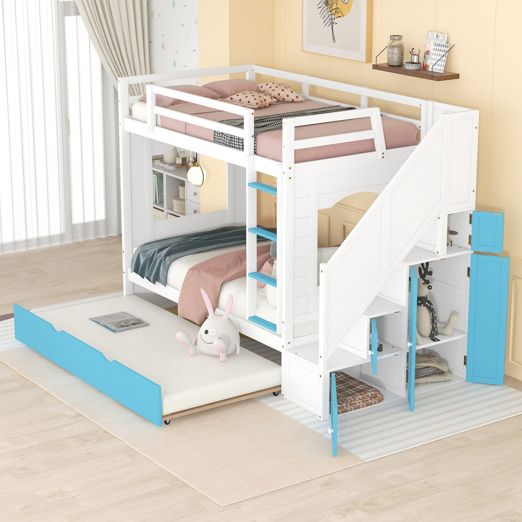 iRerts Twin Over Twin Bunk Bed with Trundle, Solid Wood Bunk Beds Twin over Twin with Storage Cabinet, Stairs and Ladders, Twin Bunk Beds for Kids Teens Bedroom, White/Blue