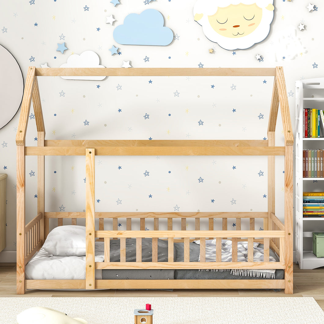 iRerts Twin Bed Frame Floor Bed, Wooden Kids Twin Bed Frame with House Roof Frame, Floor Twin Bed Frame for Toddlers Girls Boys Bedroom, House Floor Bed Frame with Fence Guardrails, Nartural