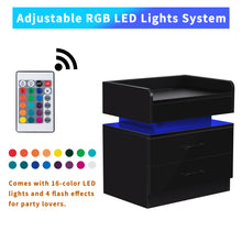 Load image into Gallery viewer, Modern Night Stand with LED Lights and Charging Station, Nightstand with Storage Drawers and Remote Control, With Adjustable 16-Color LED Lights
