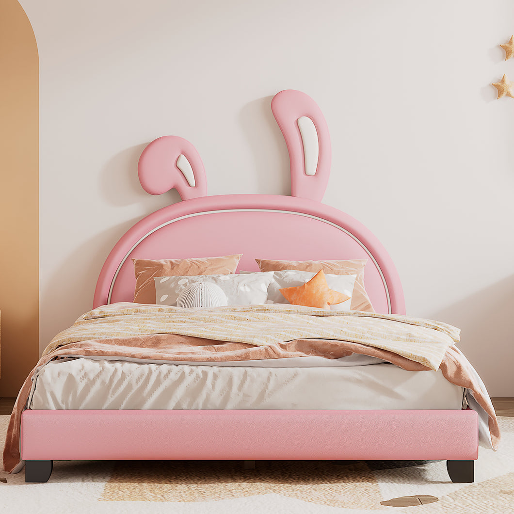 iRerts Full Size Upholstered Platform Bed, Cute Full Bed Frame for Kids Teens Bedroom, Full Platform Bed Frame with Rabbit Ears Headboard, Kids Full Bed Frame No Box Spring Needed, Pink