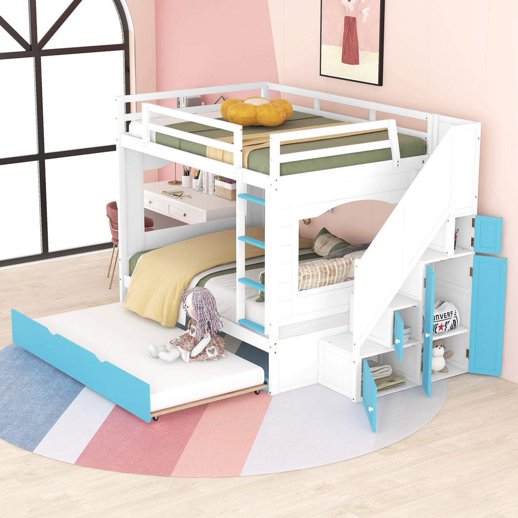 iRerts Wood Bunk Bed Full over Full, Modern Full Over Full Bunk Bed with Trundle, Storage Cabinet, Stairs and Ladders, Full Bunk Beds for Kids Teens Adults Bedroom, White/Blue