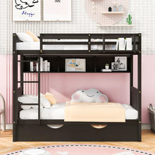 Load image into Gallery viewer, iRerts Bunk Bed with Trundle, Wood Twin Over Twin Bunk Bed with Bookshelf and Guardrail, Space Saving Twin Bunk Bed No Box Spring Needed, Separable Bunk Bed for Adults Teens Kids Bedroom, Espresso
