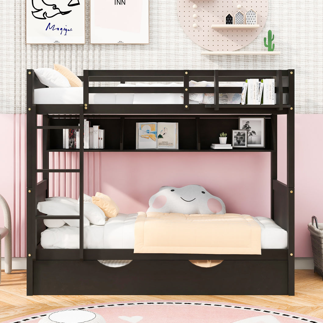 iRerts Bunk Bed with Trundle, Wood Twin Over Twin Bunk Bed with Bookshelf and Guardrail, Space Saving Twin Bunk Bed No Box Spring Needed, Separable Bunk Bed for Adults Teens Kids Bedroom, Espresso