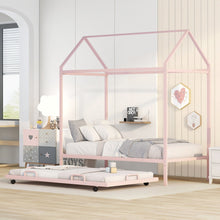 Load image into Gallery viewer, iRerts Twin House Bed Frame with Trundle, Metal Kids House Bed for Boys Girls Teens, Twin Size Platform Bed Frame with Roof, Metal Slats, No Box Spring Needed, Twin Bed Frame for Kids Bedroom, Pink
