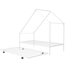 Load image into Gallery viewer, iRerts Twin Size House Platform Bed Frame with Trundle, Twin Metal Bed Frame for Kids Boys Girls, House Platform Bed frame Twin with Metal Slats, Kids Twin Bed Frame No Box Spring Needed, White

