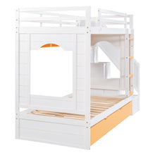 Load image into Gallery viewer, iRerts Twin Over Twin Bunk Bed with Trundle, Solid Wood Bunk Beds Twin over Twin with Storage Cabinet, Stairs and Ladders, Twin Bunk Beds for Kids Teens Bedroom, White/Yellow
