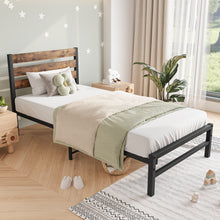Load image into Gallery viewer, iRerts Twin Bed Frame, Industrial Metal Twin Platform Bed Frame, Twin Size Bed Frames with Headboard, Slat Support, Bed Frame Twin Size for Bedroom, No Box Spring Needed, Rustic Brown
