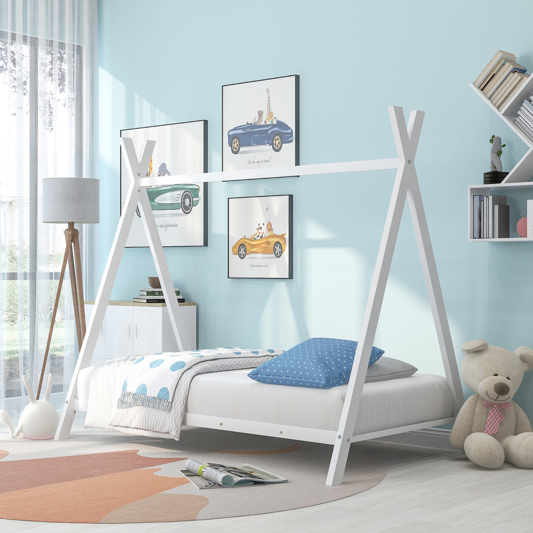 iRerts House Twin Bed Frame, Metal Twin Size Play House Bed Frame for Kids Teens Boys Girls, Kids Toddlers Tent Bed Frame Twin Size with Metal Slats, No Box Spring Needed, White
