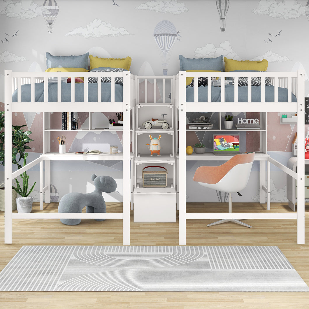 iRerts Twin Loft Bed Frame, Modern Twin & Twin Size Loft Bed with 2 Built-in Desks and Guardrail, Wood Loft Bed with Shelves and Storage Staircase, Twin Loft Bed for Kids Teens Adult Bedroom, White