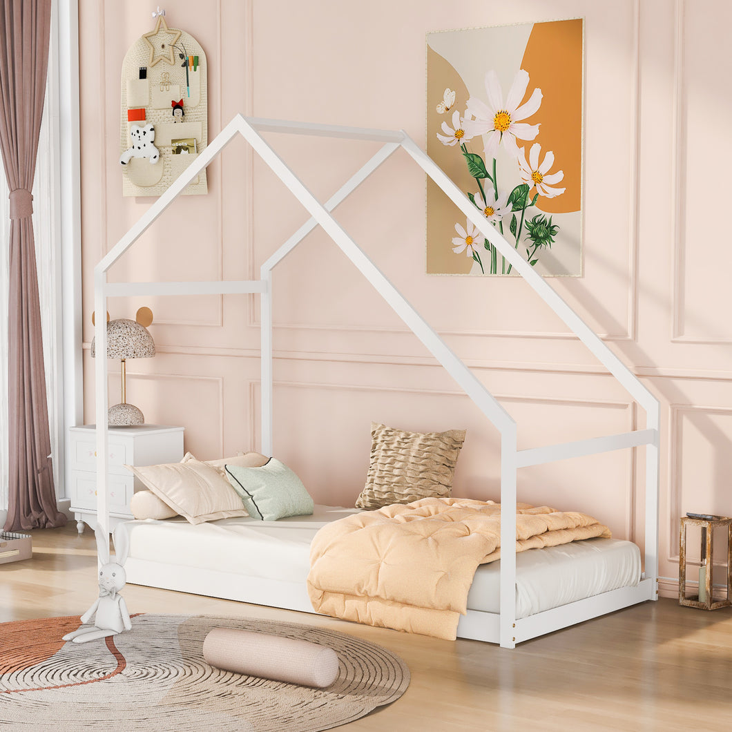 iRerts Twin House Bed with Roof, Wood Kids Twin Bed Frame House Bed, Toddler House Bed Frame for Boys Girls, Twin Floor Bed Frame for Kids Bedroom Living Room, White