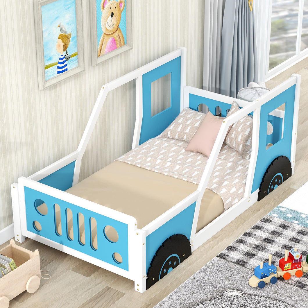 iRerts Classic Car Shaped Twin Bed Frame, Wood Twin Platform Bed Frame for Kids Toddlers Boys Girls, Children Twin Size Platform Bed Frame with Wheels, Wooden Slats, No Box Spring Needed, Blue