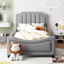 Load image into Gallery viewer, iRerts Upholstered Twin Platform Bed Frame, Velvet Twin Daybed Frame with Classic Stripe Shaped Headboard and Footboard, Wood Twin Size Sofa Bed for Kids Girls Boys, No Box Spring Needed, Gray
