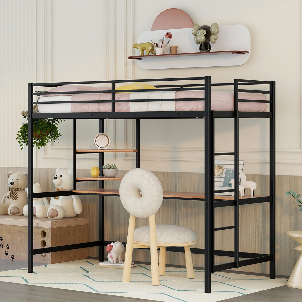 iRerts Twin Loft Bed, Twin Metal Loft Bed with Shelf and Desk, Twin Size Loft Bed with Safety Guardrail, Modern Twin Loft Bed Frame for Dorm Bedroom Guest Room, No Box Spring Needed, Black