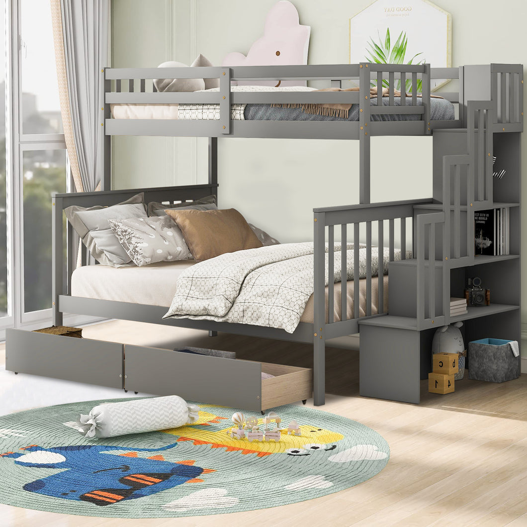 iRerts Twin Over Full Bunk Bed, Wood Bunk Beds Twin Over Full with 2 Drawers and Staircases, Convertible into 2 Beds, Bunk Beds for Kids Teens Adults, Bunk Bed for Bedroom, No Box Spring Needed, Gray
