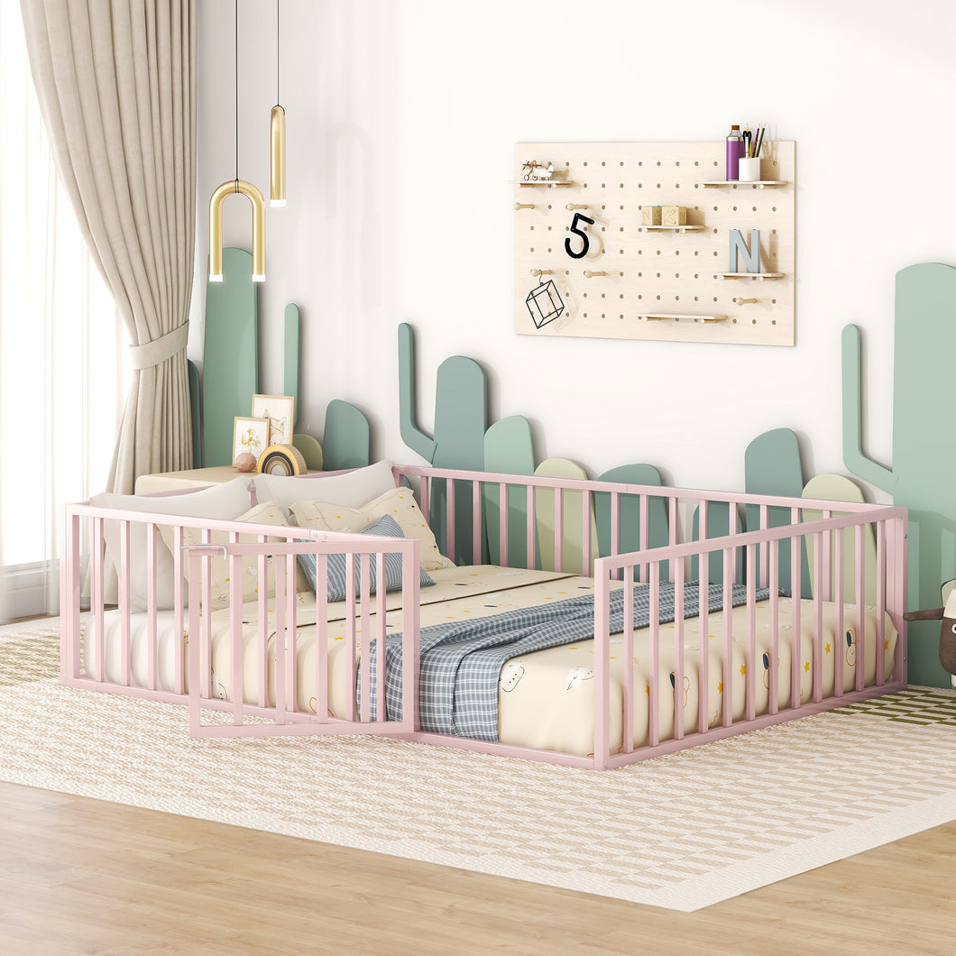 iRerts Queen Floor Bed Frame, Metal Queen Size Montessori Floor Bed Frame with Fence and Door, Kids Toddler Floor Bed Frame Queen Size for Girls Boys, Twin Bed Frame without Bed Slats, Pink
