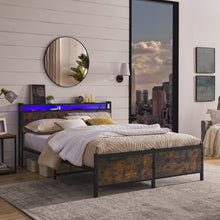 Load image into Gallery viewer, iRerts Queen Bed Frame with LED Lights, Industrial Metal Queen Platform Bed Frame with Headboard, Charging Station, Storage Shelves, Queen Size Bed Frame No Box Spring Needed for Bedroom, Black
