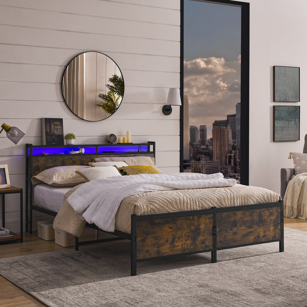 iRerts Queen Bed Frame with LED Lights, Industrial Metal Queen Platform Bed Frame with Headboard, Charging Station, Storage Shelves, Queen Size Bed Frame No Box Spring Needed for Bedroom, Black