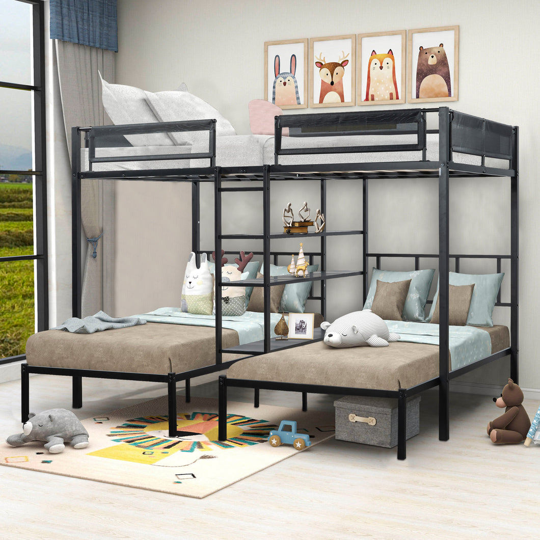 Metal Triple Bunk Beds, iRerts Triple Full Bunk Bed for Kids Teens Adults, Full Over Twin Over Twin Bunk Bed with Shelves and Guardrails, Full over Twin Beds for Dormitory Kids Room, Black