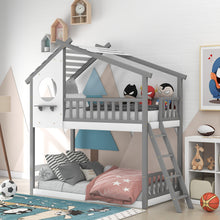 Load image into Gallery viewer, iRerts House Bunk Bed Twin Over Twin Wood House Bed Frame with Roof, Twin Low Bunk Beds with Ladder Guard Rail Window Stair for Kids Teens Girls Boys Bedroom, No Box Spring Needed, Gray

