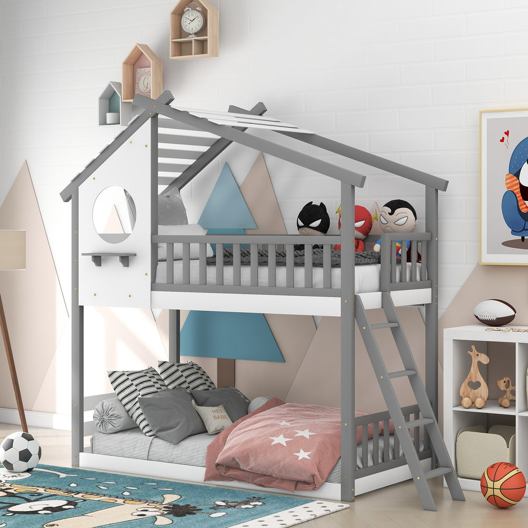 iRerts House Bunk Bed Twin Over Twin Wood House Bed Frame with Roof, Twin Low Bunk Beds with Ladder Guard Rail Window Stair for Kids Teens Girls Boys Bedroom, No Box Spring Needed, Gray