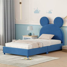 Load image into Gallery viewer, iRerts Twin Bed Frame, Modern Velvet Upholstered Platform Bed Frame with Bear Ear Shaped Headboard, Wooden Slat, Twin Size Low Platform Bed for Kids Boys Girls Bedroom, No Box Spring Needed, Blue
