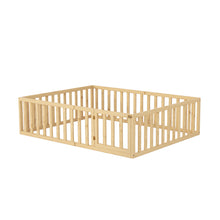 Load image into Gallery viewer, iRerts Queen Floor Bed Frame for Kids Toddlers, Wood Montessori Low Floor Queen Size Bed Frame with Fence Guardrail and Door, kids Queen Bed for Boys Girls, Spring Needed, Natural

