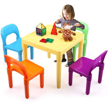 Load image into Gallery viewer, iRerts 5 Piece Kids Table and Chair Set for Ages 3-8, Kids Activity Table Set with Square Table and 4 Chairs, Lightweight Plastic Table and Chairs for Bedroom Playrooms, Multi-color Kids Furniture
