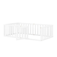 Load image into Gallery viewer, iRerts Twin Floor Bed Frame for Kids Toddlers, Wood Montessori Low Floor Twin Size Bed Frame with Fence Guardrail and Door, kids Twin Bed for Boys Girls, Spring Needed, White
