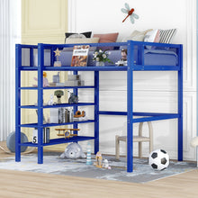 Load image into Gallery viewer, iRerts Twin Size Loft Bed, Metal Twin Loft Bed Frame for Adults Teens Kids, Twin Loft Bed with 4-Tier Storage Shelves, Loft Bed Twin Size for Bedroom, Space-Saving Design, Blue
