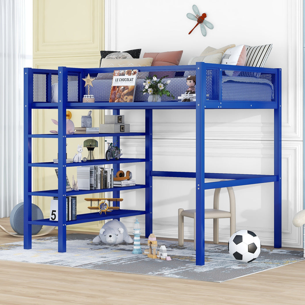 iRerts Twin Size Loft Bed, Metal Twin Loft Bed Frame for Adults Teens Kids, Twin Loft Bed with 4-Tier Storage Shelves, Loft Bed Twin Size for Bedroom, Space-Saving Design, Blue