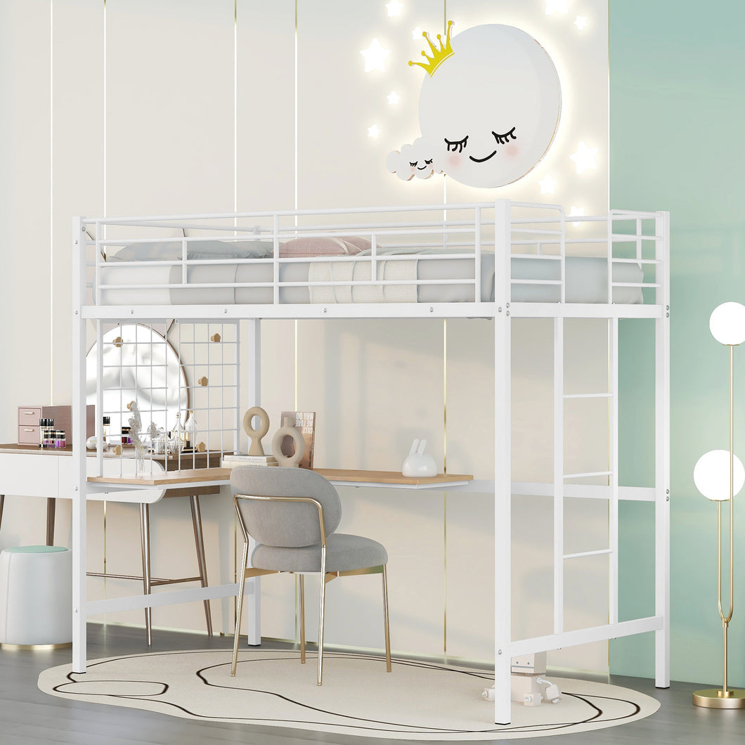 iRerts Metal Loft Bed with Desk, Twin Loft Bed Frame with Metal Grid for Kids Teens Adults, Twin Loft Bed with Ladder Guardrail, Loft Bed Frame Twin for Bedroom Dormitory, No Box Spring Needed, White